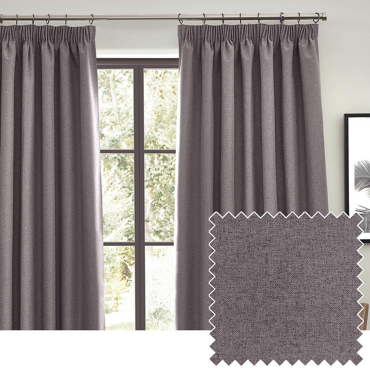 Dawn pencil pleat curtains in charcoal grey, textured polyester fabric with pencil pleat heading on a metal pole, shown hanging beside a window in a living room.