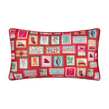 Rectangular Dear Santa cushion in red velvet cotton, covered with multicolour Christmas stamp-style prints including trees, stockings, robins and "Noel" text, shown on a white background.
