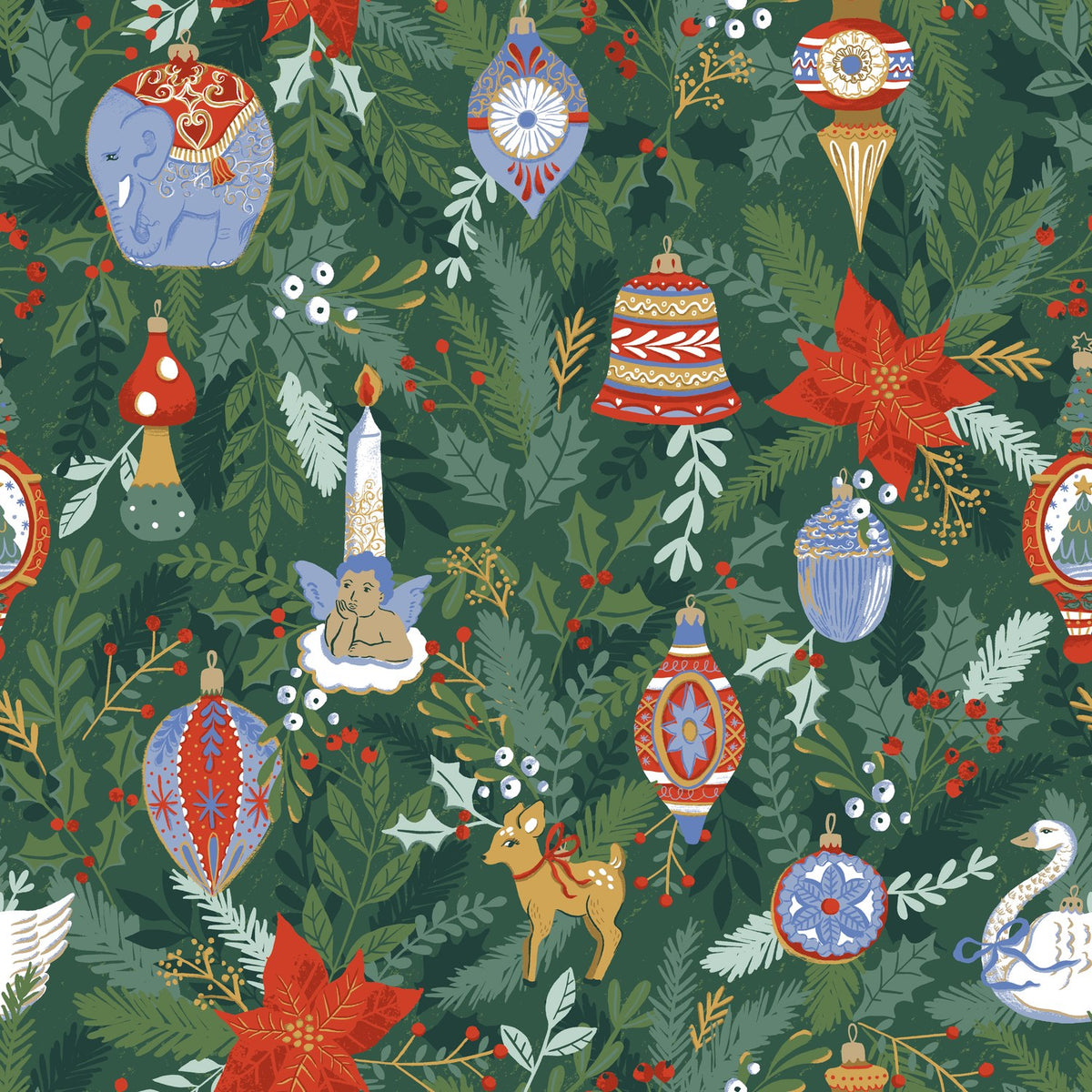 Deck The Halls polycotton duvet cover in pine green, printed with baubles, a candle, elephant, deer, swan, cherub, poinsettias and holly foliage.