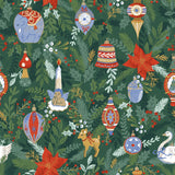Deck The Halls polycotton duvet cover in pine green, printed with baubles, a candle, elephant, deer, swan, cherub, poinsettias and holly foliage.