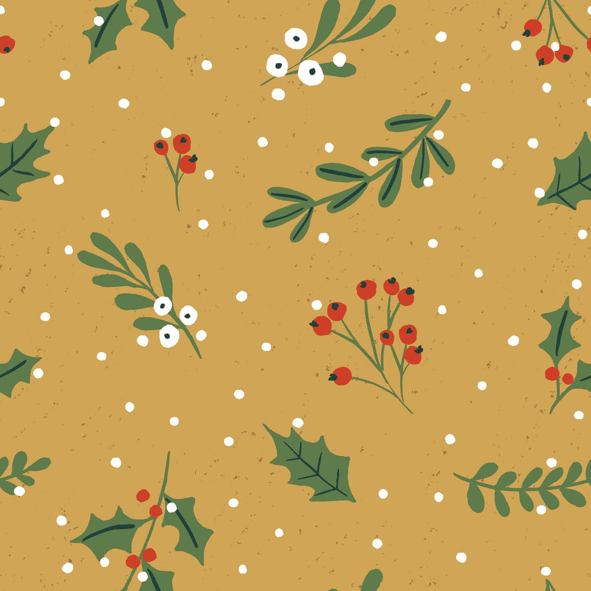 Deck The Halls Polycotton Duvet Cover Set reverse side in mustard-gold, printed with scattered green holly, mistletoe and fir boughs with red berries, and scattered white dots.