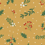 Deck The Halls Polycotton Duvet Cover Set reverse side in mustard-gold, printed with scattered green holly, mistletoe and fir boughs with red berries, and scattered white dots.