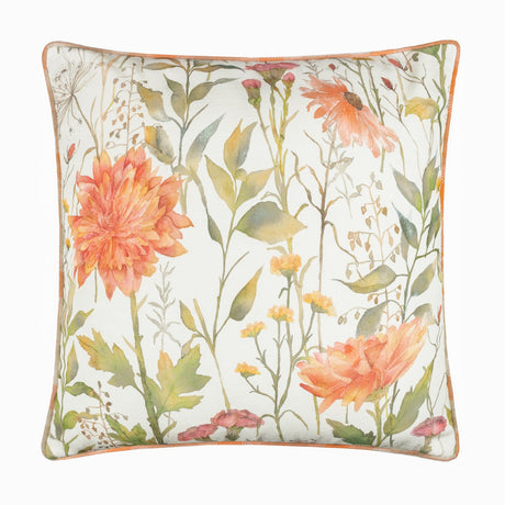 Delamere Reversible Linen Cushion in Russet, square with orange piping, featuring hand-painted coral dahlias and daisies with green foliage on a cream ground.