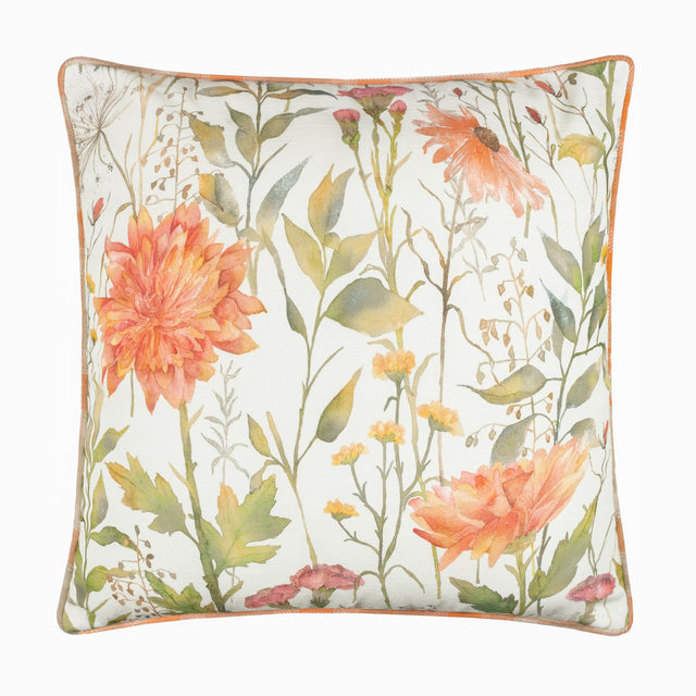 Delamere Reversible Linen Cushion in Russet, square with orange piping, featuring hand-painted coral dahlias and daisies with green foliage on a cream ground.