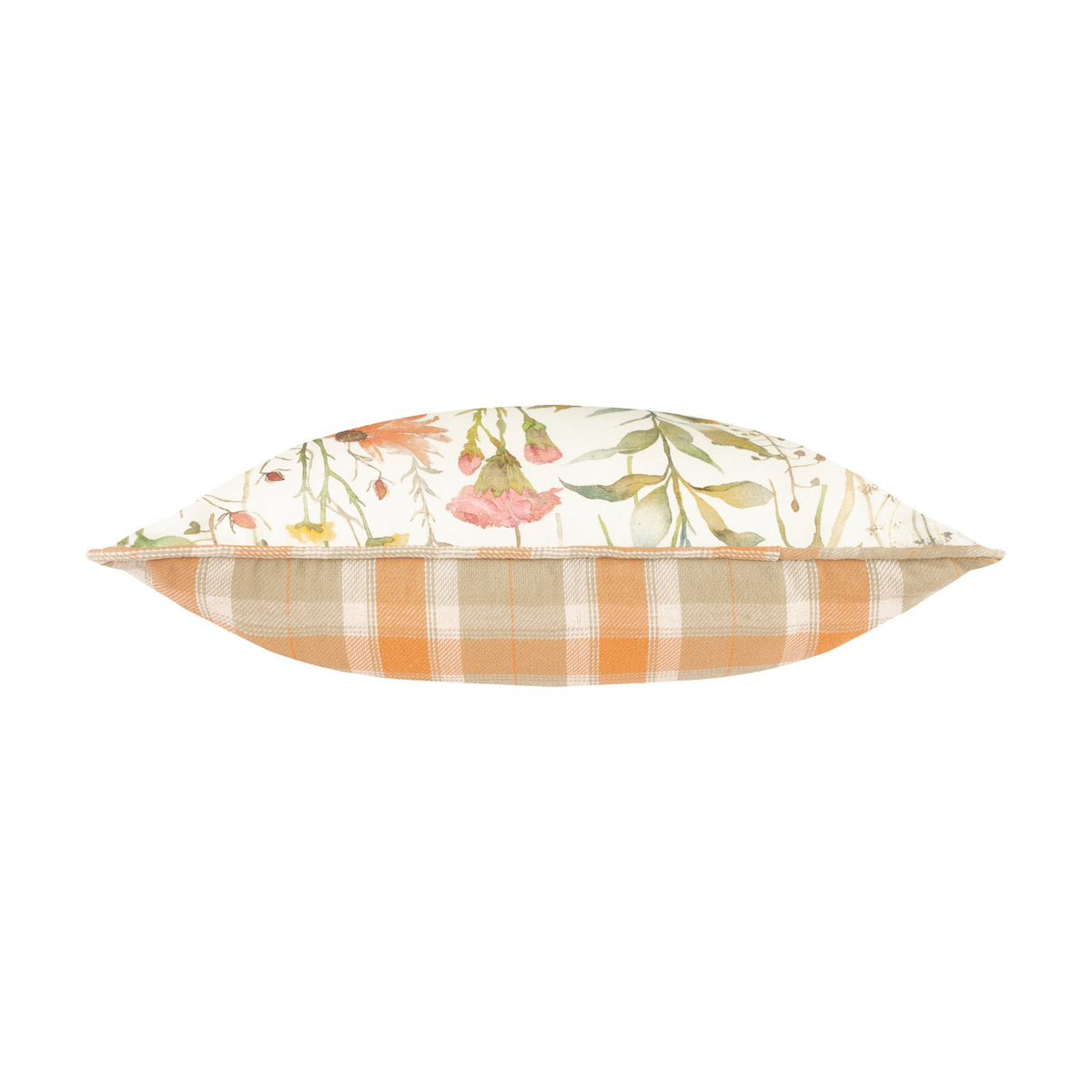 Side view of the Delamere Reversible Linen Cushion in Russet, showing a cream floral-print edge on one side and an orange, sand and cream check pattern on the other, against a white background.
