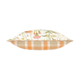 Side view of the Delamere Reversible Linen Cushion in Russet, showing a cream floral-print edge on one side and an orange, sand and cream check pattern on the other, against a white background.