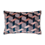 Delano Jacquard Velvet Cushion in blush, navy and charcoal, featuring a woven geometric lattice pattern with piped edges, shown on a plain white background.