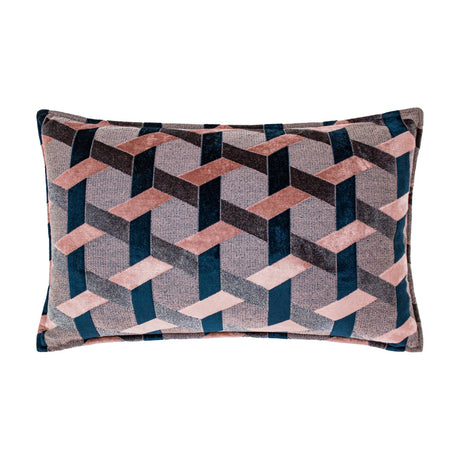 Delano Jacquard Velvet Cushion in blush, navy and charcoal, featuring a woven geometric lattice pattern with piped edges, shown on a plain white background.