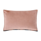 Delano Jacquard Velvet Cushion in blush pink with plain velvet reverse and piped edges, patterned navy jacquard trim peeking along the base seam, shown on a white background.