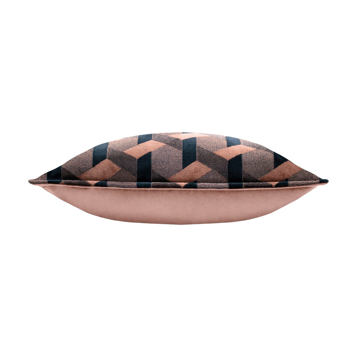 Side view of the Delano Jacquard Velvet Cushion in Blush/Navy, showing a solid blush velvet reverse and a geometric lattice-patterned edge in blush, navy and charcoal, on a plain white background.