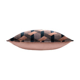 Side view of the Delano Jacquard Velvet Cushion in Blush/Navy, showing a solid blush velvet reverse and a geometric lattice-patterned edge in blush, navy and charcoal, on a plain white background.