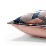 Close-up of the Delano Jacquard Velvet Cushion in blush/navy, showing a geometric lattice pattern in raised velvet with a solid blush velvet reverse, set against a white background.
