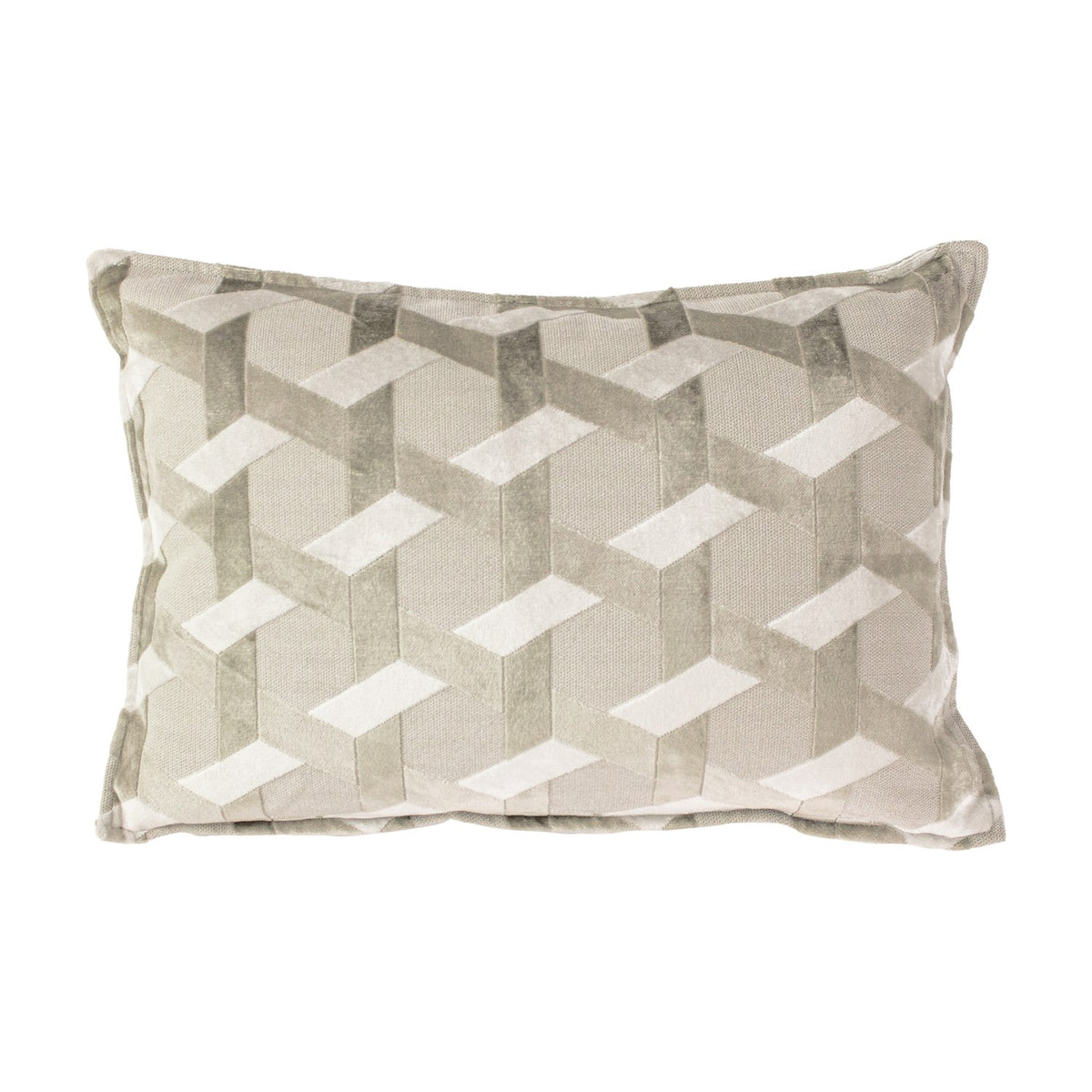 Delano Jacquard Velvet Cushion in ivory and taupe, rectangular with a raised geometric lattice of chevrons and diamonds in velvet pile and flat weave, shown on a white background.