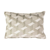 Delano Jacquard Velvet Cushion in ivory and taupe, rectangular with a raised geometric lattice of chevrons and diamonds in velvet pile and flat weave, shown on a white background.