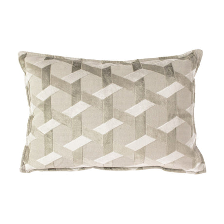 Delano Jacquard Velvet Cushion in ivory and taupe, rectangular with a raised geometric lattice of chevrons and diamonds in velvet pile and flat weave, shown on a white background.