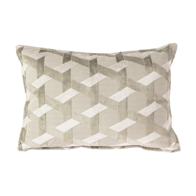Delano Jacquard Velvet Cushion in ivory and taupe, rectangular with a raised geometric lattice of chevrons and diamonds in velvet pile and flat weave, shown on a white background.