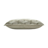 Side view of the Delano Jacquard Velvet Cushion in ivory/taupe, showing a plain reverse panel and a jacquard chevron-diamond patterned edge, set against a white background.