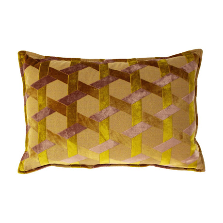 Delano Jacquard Velvet Cushion in ochre, olive and blush pink, featuring a woven 3D lattice geometric pattern, shown on a plain white background.