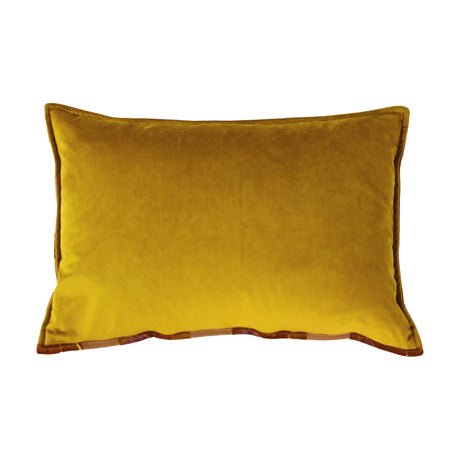 Delano Jacquard Velvet Cushion in ochre with a blush trim edge, rectangular velvet cover on a plain white background.