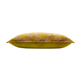Delano Jacquard Velvet Cushion in ochre and blush, side view showing plain velvet underside and geometric jacquard pattern along the top edge, on a white background.