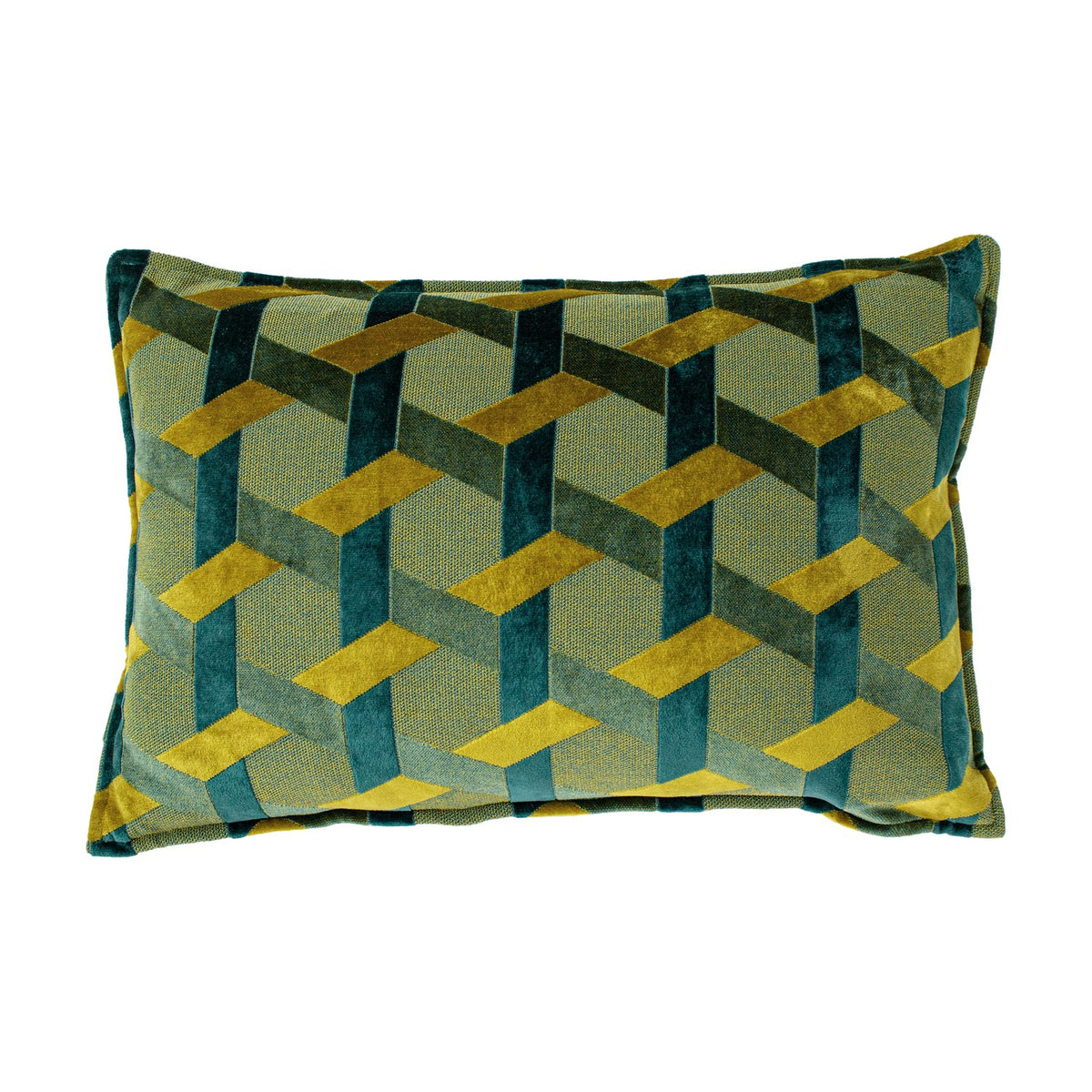 Delano Jacquard Velvet Cushion, rectangular bolster shape with an interlocking geometric lattice pattern in teal, gold and green velvet, shown on a plain white background.