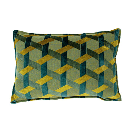 Delano Jacquard Velvet Cushion, rectangular bolster shape with an interlocking geometric lattice pattern in teal, gold and green velvet, shown on a plain white background.