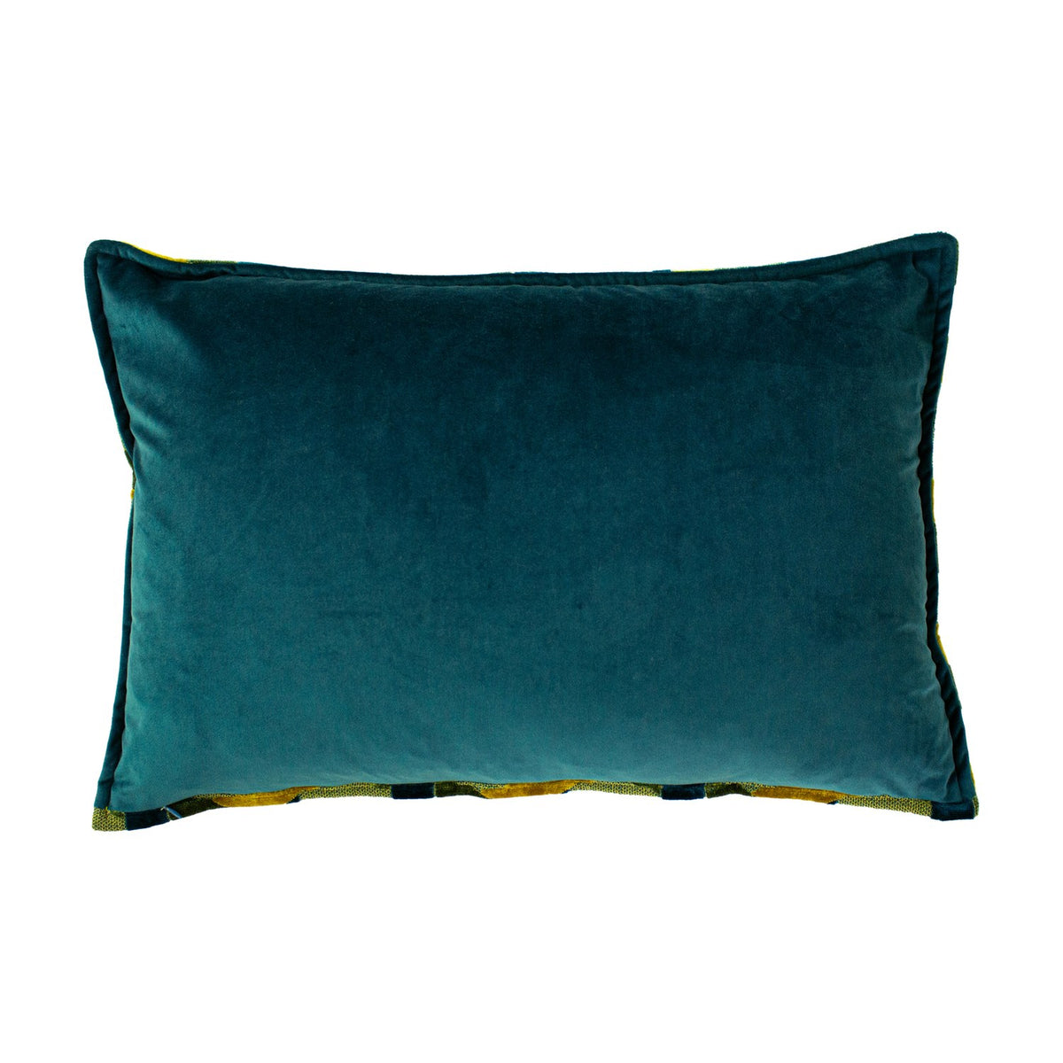 Delano Jacquard Velvet Cushion in teal, rectangular bolster shape shown reverse side with plain velvet back and gold-green trim edging, on a white background.