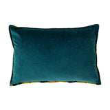 Delano Jacquard Velvet Cushion in teal, rectangular bolster shape shown reverse side with plain velvet back and gold-green trim edging, on a white background.