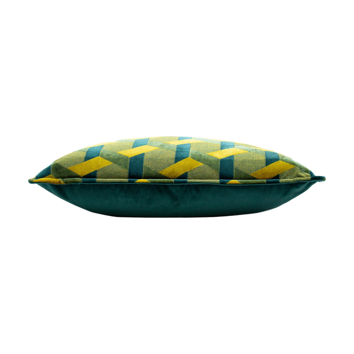 Delano Jacquard Velvet Cushion in teal and gold, bolster-shaped with a jacquard lattice pattern on velvet pile front and plain teal velvet reverse, shown side-on against a white background.