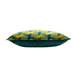 Delano Jacquard Velvet Cushion in teal and gold, bolster-shaped with a jacquard lattice pattern on velvet pile front and plain teal velvet reverse, shown side-on against a white background.
