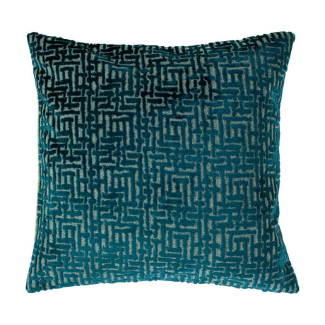 Delphi Velvet Linen Cushion in teal, a square scatter cushion with a maze-like geometric jacquard pattern in raised velvet pile, shown against a plain white background.