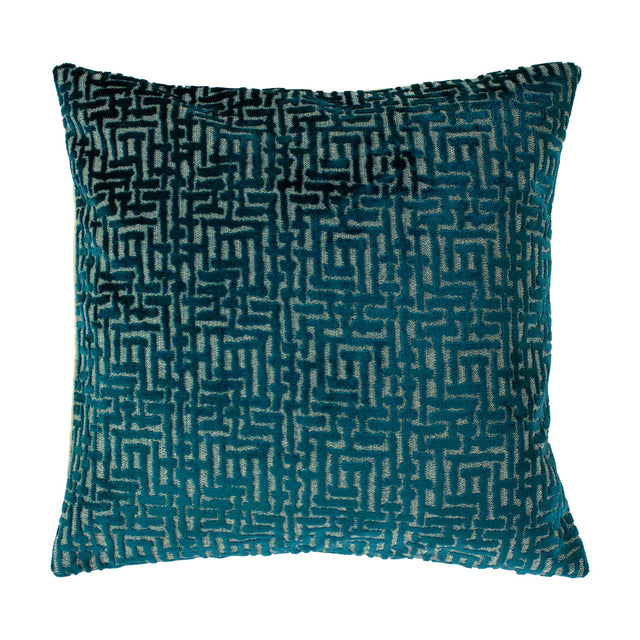 Delphi Velvet Linen Cushion in teal, a square scatter cushion with a maze-like geometric jacquard pattern in raised velvet pile, shown against a plain white background.