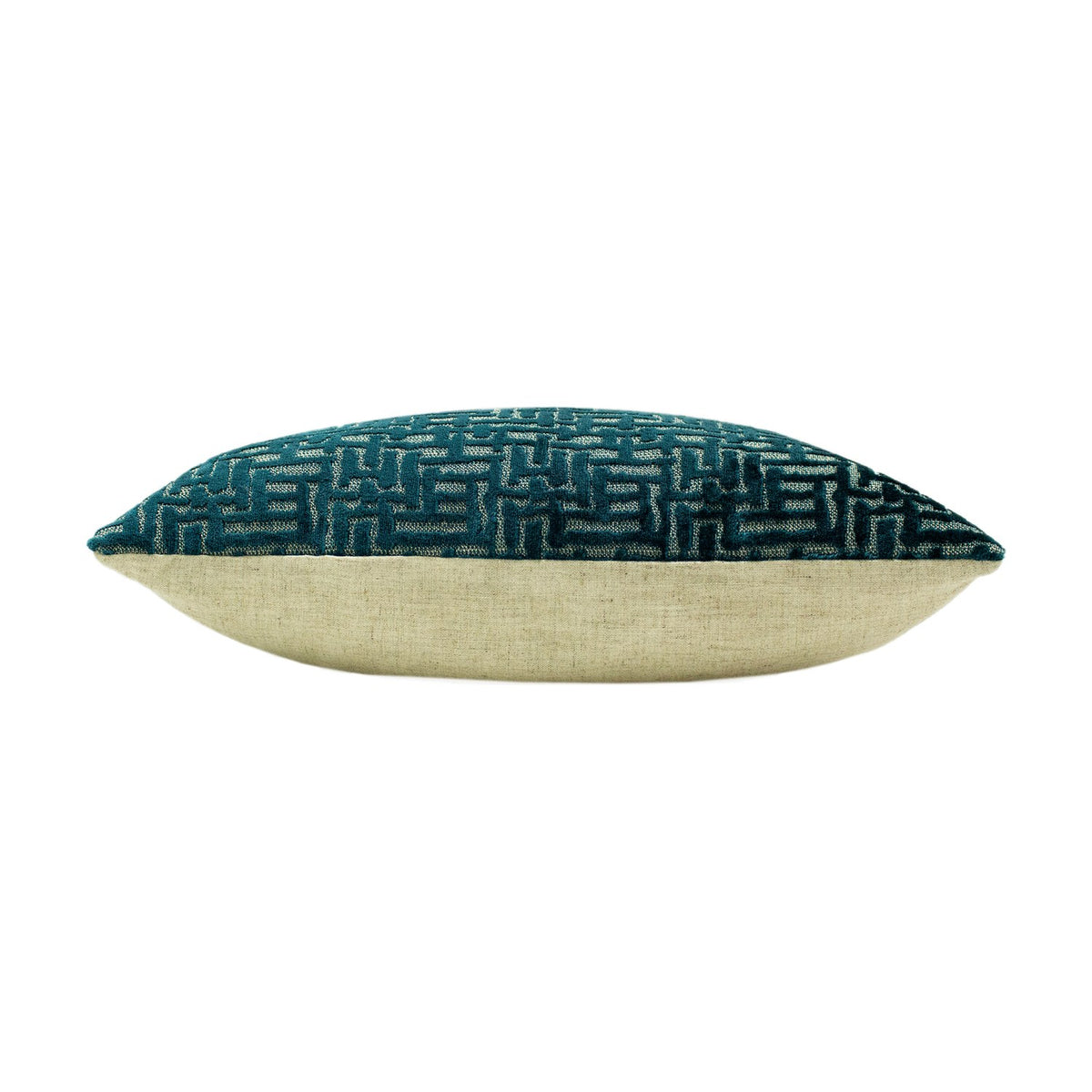 Delphi Velvet Linen Cushion in teal, shown side-on with a geometric velvet jacquard front and plain natural linen back, on a white background.