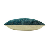 Delphi Velvet Linen Cushion in teal, shown side-on with a geometric velvet jacquard front and plain natural linen back, on a white background.