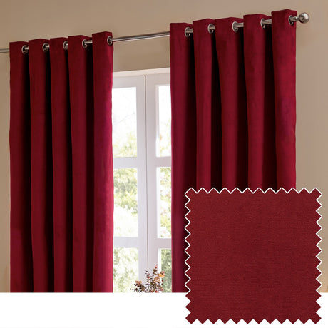 Burgundy velvet eyelet curtains hanging on a chrome rod beside a window, shown with a matching fabric swatch of the plain matt velvet material.