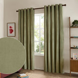 Sage green velvet eyelet curtains with dark rods, dressing a living room window, shown with a fabric texture close-up inset.