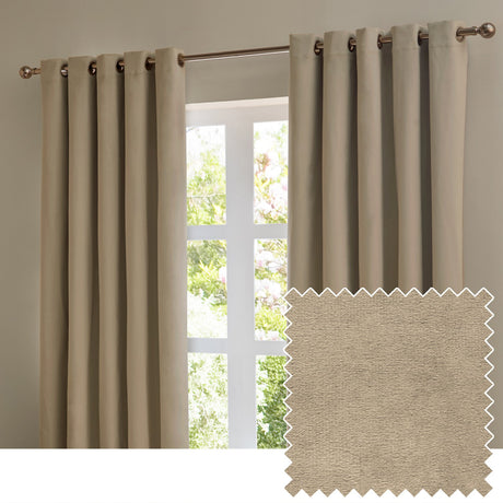 Mocha velvet eyelet curtains hanging on a metal pole either side of a window, shown with a matching fabric swatch on a white background.