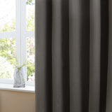 Charcoal velvet pencil pleat curtain with soft folds hanging beside a window, shown in a room setting with a glass vase on the sill.