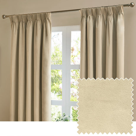 Natural beige velvet pencil pleat curtains hung on a chrome pole in a living room window, shown with a matching fabric swatch sample.