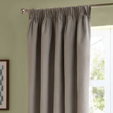 Silver-grey velvet pencil pleat curtain in soft matte finish, hanging in deep folds from a chrome pole beside a window in a green-walled room.