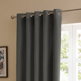 Charcoal velvet eyelet curtain with metal grommets on a chrome pole, shown hanging beside a window in a living room with beige walls.