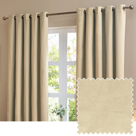 Natural velvet eyelet curtains hanging in soft folds from a metal rod by a window, shown with a matching fabric swatch inset.