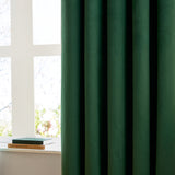 Emerald green velvet pencil pleat curtains with soft folds, shown drawn beside a bright window with books on the sill in a living room setting.