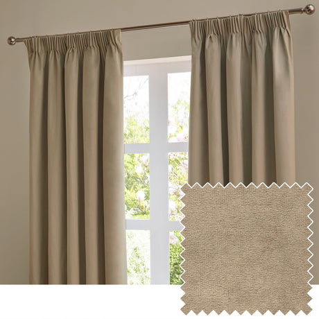 Mocha velvet pencil pleat curtains hanging on a pole beside a window in a neutral room, shown with a matching fabric swatch sample.