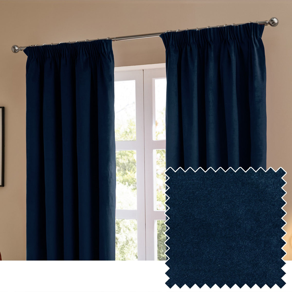 Royal blue velvet pencil pleat curtains with pinch-pleat heading hung on a chrome pole in a living room, shown with a matching fabric swatch.