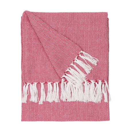 Dessa Geometric Polyester Throw in fuchsia, folded flat with a small diamond pattern on a pink-red ground and knotted off-white fringe, shown on a white background.