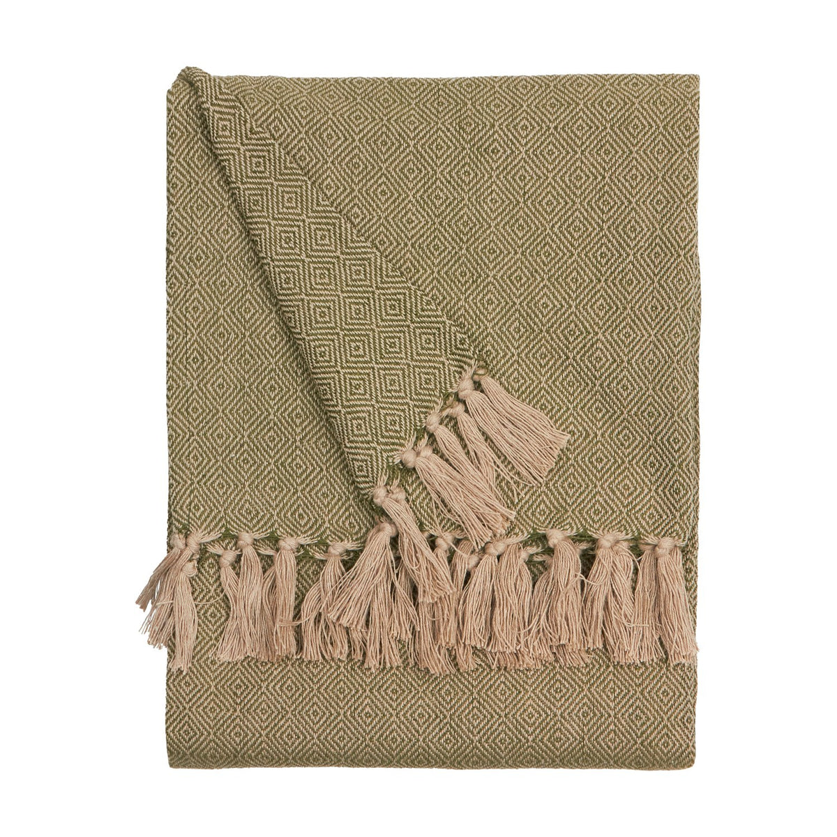 Dessa Geometric Polyester Throw in olive, folded to show a diamond lattice weave and knotted tassel fringe, on a plain white background.