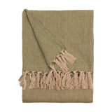 Dessa Geometric Polyester Throw in olive, folded to show a diamond lattice weave and knotted tassel fringe, on a plain white background.