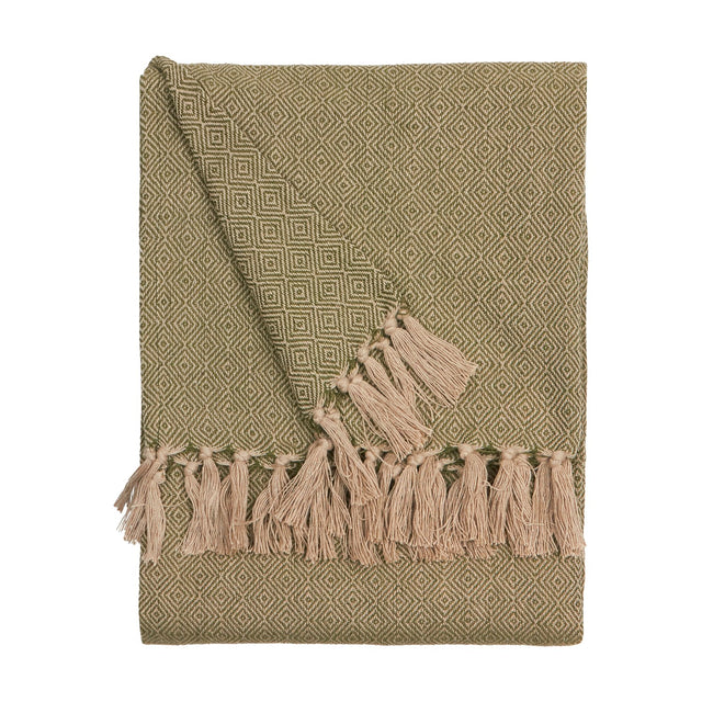 Dessa Geometric Polyester Throw in olive, folded to show a diamond lattice weave and knotted tassel fringe, on a plain white background.