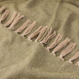 Close-up of the Dessa Geometric Polyester Throw in olive, showing the diamond lattice weave and knotted tassel fringe in a pale natural tone.